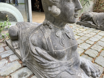 A pair of Retour d'Egypte-style stone models of Antonius and Cleopatra in shape of sphinxes, 19/20th C.