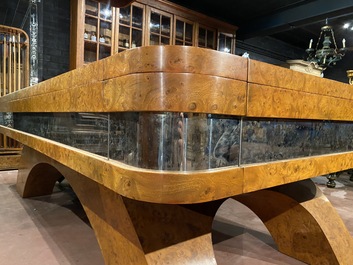 A burl wood veneered billiard table with accompanying lighting and cue holder, 20th C.