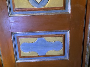 A pair of large Italian polychrome wooden two-door cupboards with coats of arms, 17th C.