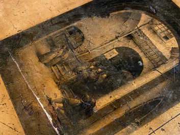 Een grote Russische Biedermeier consoletafel in notelaar met esdoornfineer met vnl. ruitersc&egrave;nes en opschrift 'Bogoslowsk', 19e eeuw