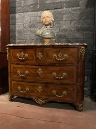 A French mahogany veneered gilt bronze mounted chest of drawers with marble top, 18th C.