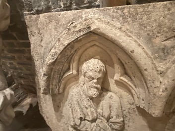 An architectural sandstone fragment with Saint Mark and a lion, 14/15th C.