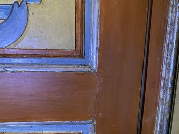 A pair of large Italian polychrome wooden two-door cupboards with coats of arms, 17th C.