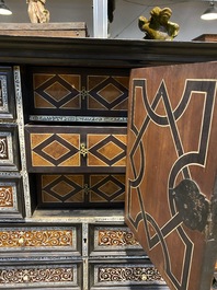 A Spanish partly ebonised wooden cabinet with tortoiseshell veneer and engraved bone plaques, 19th C.