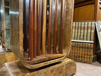 A burl wood veneered billiard table with accompanying lighting and cue holder, 20th C.