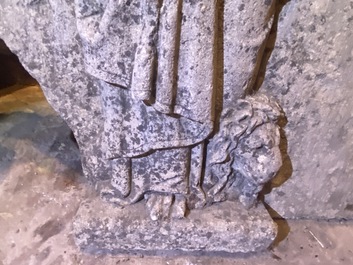 An architectural sandstone fragment with Saint Mark and a lion, 14/15th C.