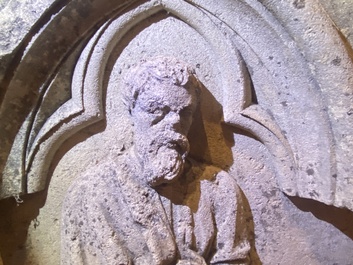 An architectural sandstone fragment with Saint Mark and a lion, 14/15th C.