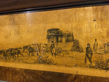 A large Russian walnut and maplewood veneered Biedermeier console table with mainly equestrian scenes and inscribed 'Bogoslowsk', 19th C.