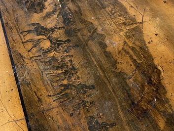 A large Russian walnut and maplewood veneered Biedermeier console table with mainly equestrian scenes and inscribed 'Bogoslowsk', 19th C.