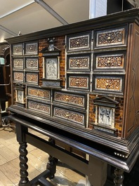 A Spanish partly ebonised wooden cabinet with tortoiseshell veneer and engraved bone plaques, 19th C.