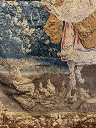 A French Aubusson wall tapestry depicting a young peasant woman feeding poultry, 18th C.