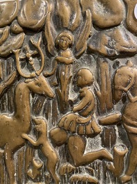 Een bronzen reli&euml;fplaquette met 'Het visioen van Sint-Hubertus', 17e eeuw of later