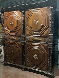 An imposing baroque-style parquetry oak four-door cupboard, 19th C.