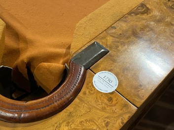 A burl wood veneered billiard table with accompanying lighting and cue holder, 20th C.