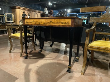 A large Russian walnut and maplewood veneered Biedermeier console table with mainly equestrian scenes and inscribed 'Bogoslowsk', 19th C.