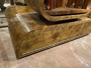 A burl wood veneered billiard table with accompanying lighting and cue holder, 20th C.