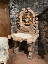 A marble washbasin with matching mirror in a historicising style, 20th C.