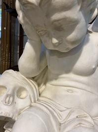 A white marble 'grieving putto' sculpture, 20th C.