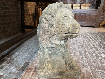 A sandstone model of a recumbent lion, 17/18th C.