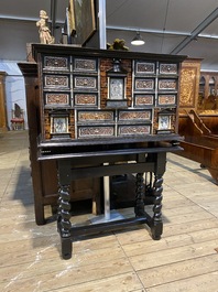 A Spanish partly ebonised wooden cabinet with tortoiseshell veneer and engraved bone plaques, 19th C.