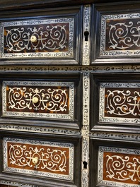 A Spanish partly ebonised wooden cabinet with tortoiseshell veneer and engraved bone plaques, 19th C.