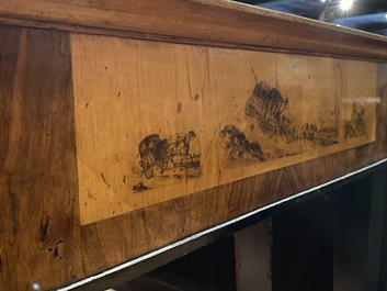 A large Russian walnut and maplewood veneered Biedermeier console table with mainly equestrian scenes and inscribed 'Bogoslowsk', 19th C.