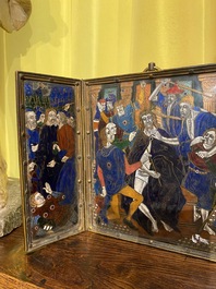 A French Limoges style enamel triptych depicting the Kiss of Judas, The Crowning with Thorns and The Flagellation, 19th C.