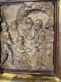 A partly gilt Mechelen alabaster relief depicting the raising of Lazarus, studio Nicolaes Daems, first half 17th C.
