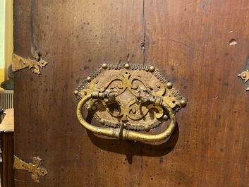 A Spanish walnut 'bargue&ntilde;o' cabinet with red velvet and bronze mounts, 17th C.