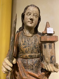 Sainte Barbe en bois sculpt&eacute; et polychrom&eacute;, Allemagne, 16&egrave;me