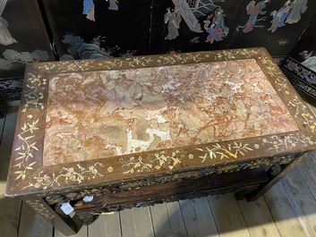 A Chinese marble top and mother-of-pearl inlay side table, 19th C.