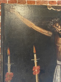 Ecole de Cuzco, P&eacute;ru: 'Christ en croix', huile sur toile, 17/18&egrave;me