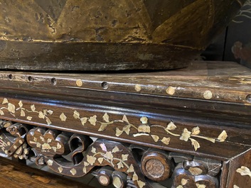 A Chinese marble top and mother-of-pearl inlay side table, 19th C.