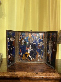 A French Limoges style enamel triptych depicting the Kiss of Judas, The Crowning with Thorns and The Flagellation, 19th C.