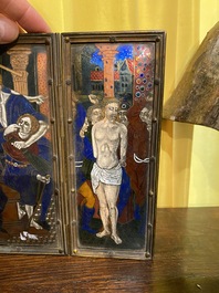 A French Limoges style enamel triptych depicting the Kiss of Judas, The Crowning with Thorns and The Flagellation, 19th C.