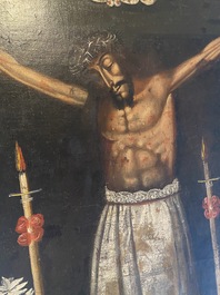 Ecole de Cuzco, P&eacute;ru: 'Christ en croix', huile sur toile, 17/18&egrave;me