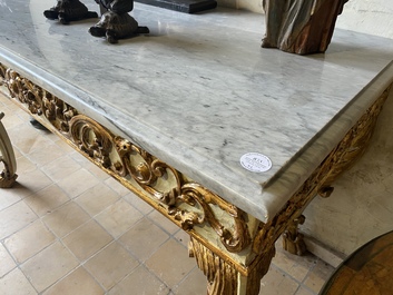 A pair of Italian patinated and gilt wooden wall consoles with marble top, 18th C.