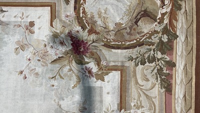 Grand tapis Aubusson &agrave; d&eacute;cor floral et de paysages, France, 19&egrave;me