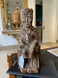 A polychrome wooden 'Sedes Sapientiae' sculpture in Romanesque style, probably Spain, probably 14/15th C.