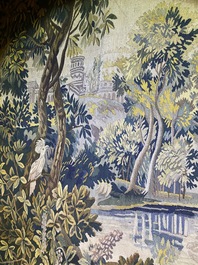 A French Aubusson wall tapestry with a wolf battling a fox in a forest setting with castle view, 19th C.