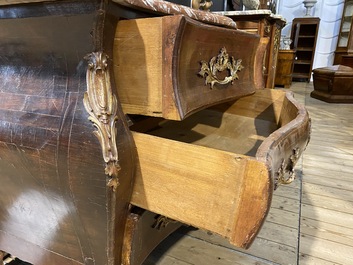 A French Louis XV-style bronze mounted chest of drawers with marble top, 19th C.