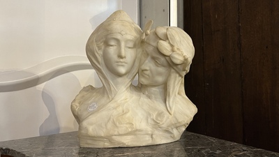 Een Italiaanse witmarmeren sculptuur van Dante Alighieri en zijn geliefde Beatrice, ca. 1900