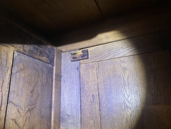 A rare German carved oak sculptural cupboard on diagonal supports with recumbent lions, Westphalia, 16th C.