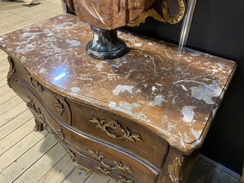 A French Louis XV-style bronze mounted chest of drawers with marble top, 19th C.