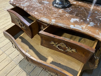 A French Louis XV-style bronze mounted chest of drawers with marble top, 19th C.