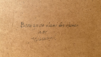 Gesigneerd L. Desamory: 'Bronzage dans les dunes', acryl op board, gedat. 1987