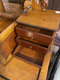 An oak wooden, burl wood veneered and ebonised wooden dressing table, 19th C.