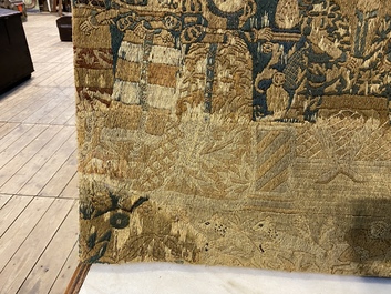 Fragment de broderie en laine en points lanc&eacute;s repr&eacute;sentant 'Salomon et la Reine de Sabba', Flandres ou Angleterre, fin du 16&egrave;me