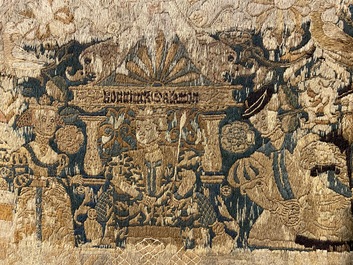 Fragment de broderie en laine en points lanc&eacute;s repr&eacute;sentant 'Salomon et la Reine de Sabba', Flandres ou Angleterre, fin du 16&egrave;me