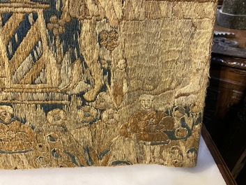 Fragment de broderie en laine en points lanc&eacute;s repr&eacute;sentant 'Salomon et la Reine de Sabba', Flandres ou Angleterre, fin du 16&egrave;me